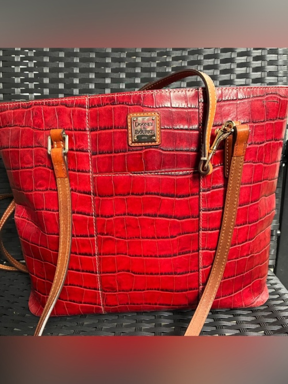 Dooney & Bourke Red Croc-Embossed Tote with Tan Straps